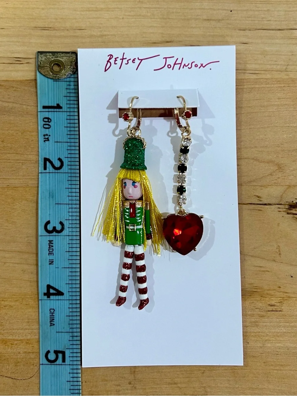 Betsey Johnson Nutcracker Elf Mismatched Christmas Dangle Drop Earrings Bling
